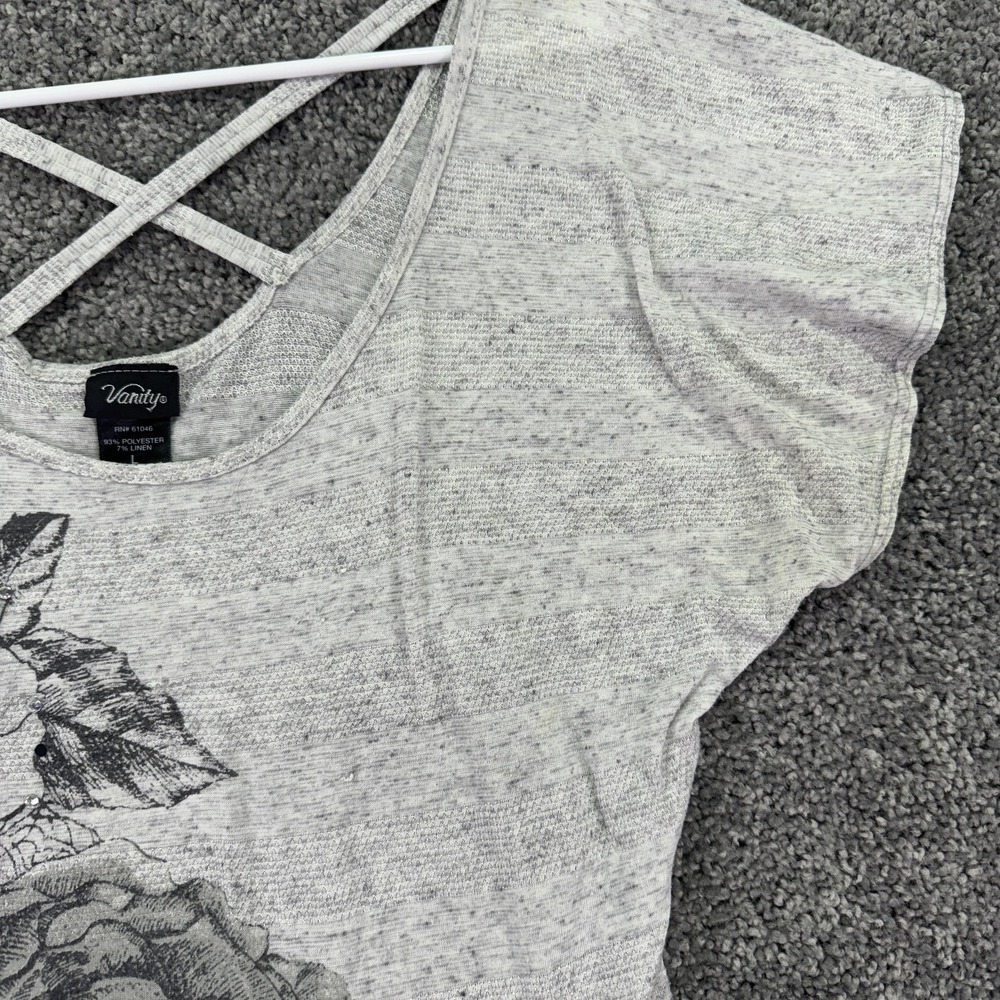 Vanity Shirt Womens Large Gray Floral Rhinestone Top Casual City Flower - Picture 7 of 16